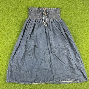 Vintage Speed Control Blue Denim Smocked Waist Maxi Skirt Sz L